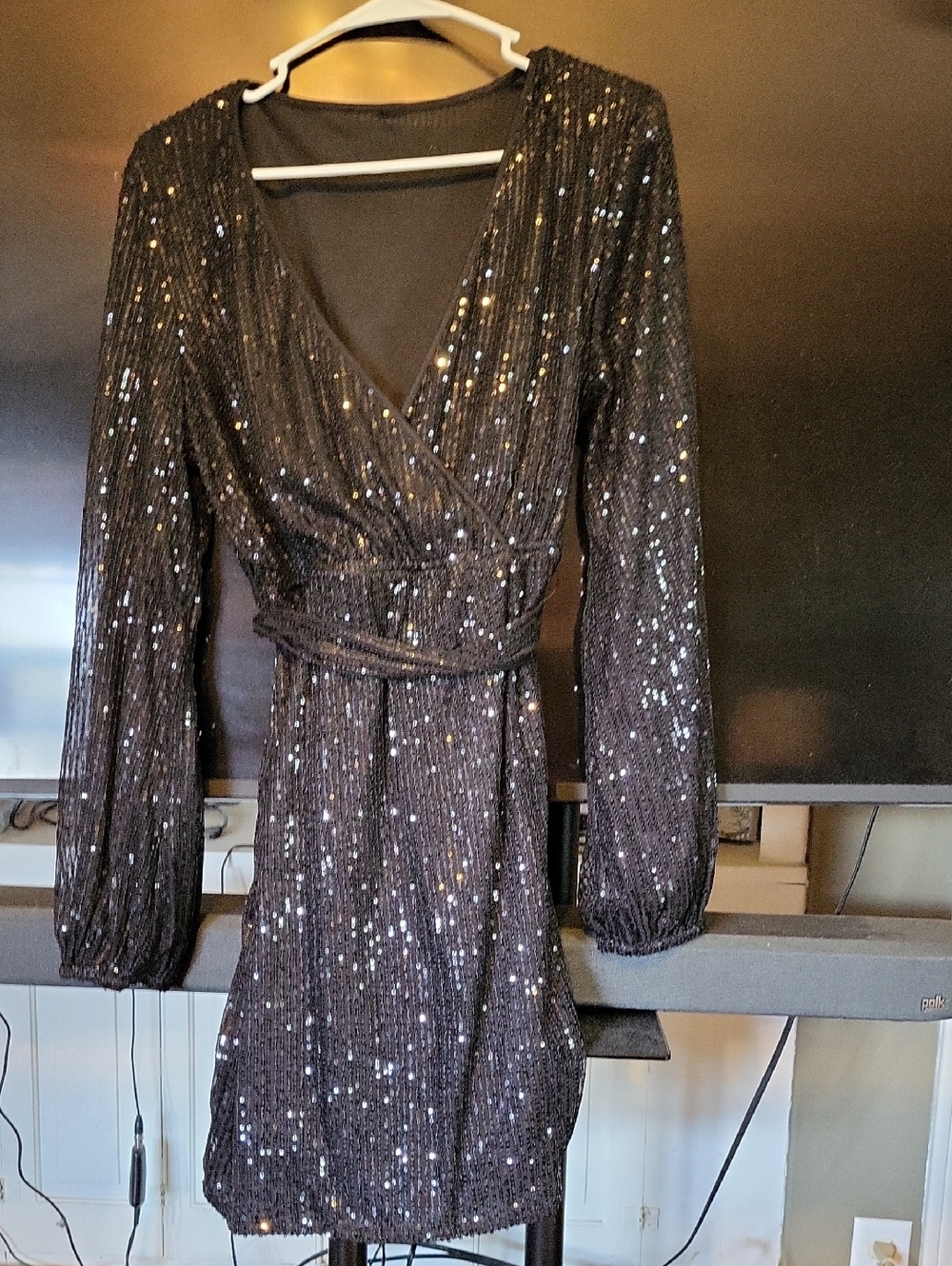 SHEIN Black Sequin Wrap-Style Long Sleeve Mini Dress